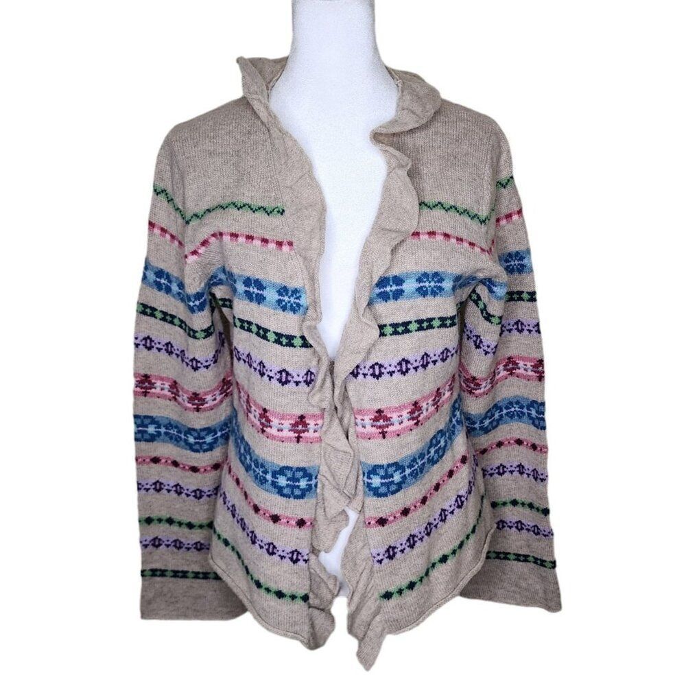 Garnet Hill Ruffle Collar Long Sleeve Cardigan Sweater Womens Size L Beige Fair